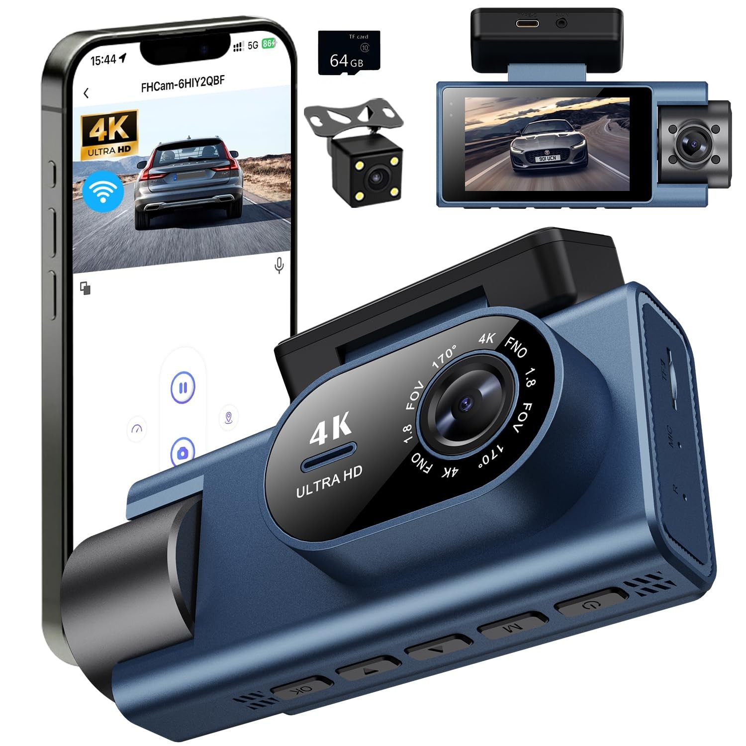 Dash Cam Front Rear Inside, 4K Full HD Dash Camera for Cars, Included 64GB Ca…