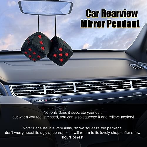 Ziciner Pair Fuzzy Plush Dice for Car Mirror, 3” Retro Square Dice Black&Red