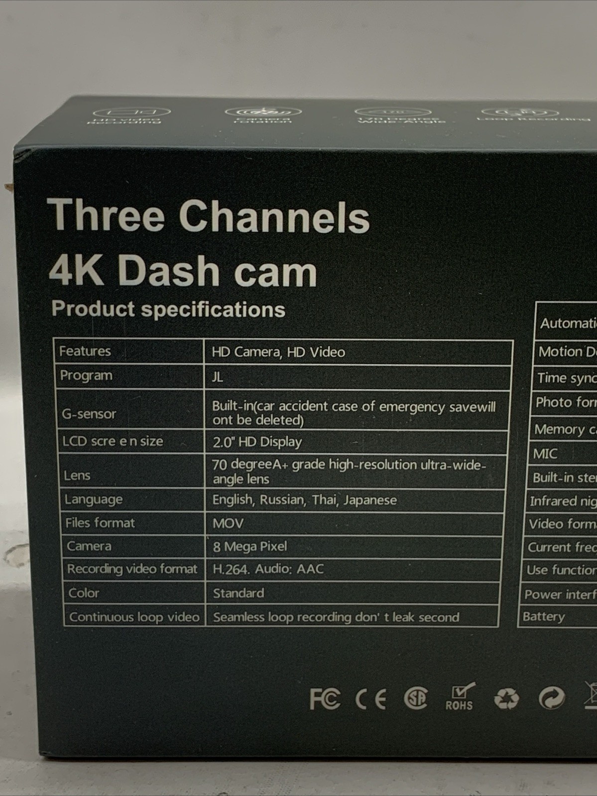 Azacvb Three Channels 4K Dash Cam 8MP HD Camera Video 2.0″ Display MOV Black