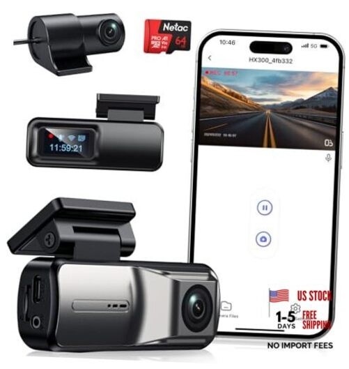 Dash Cam,2.5K 1080P Dual Dash Camera,64GB SD Card, Wi-Fi & App Front and Rear