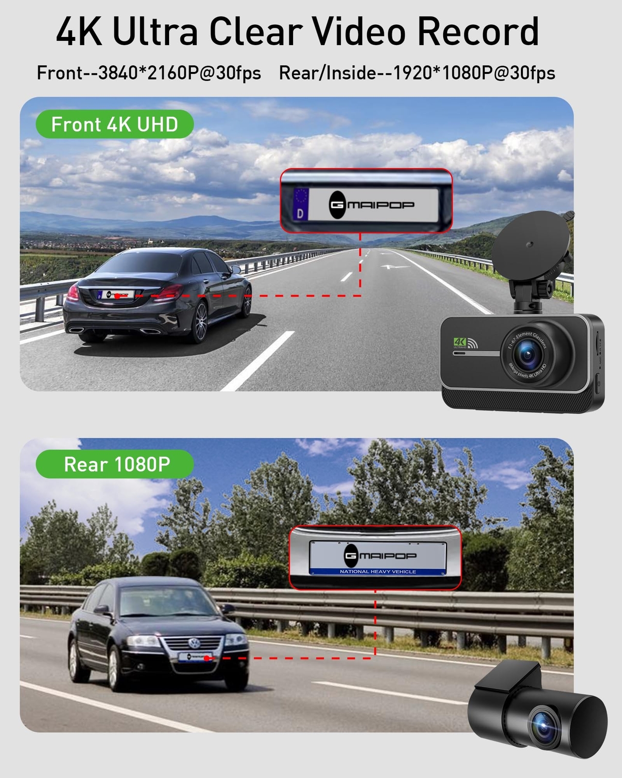 Dash Cam Front and Rear,4K+1080P WiFi Dual Dash Camera for Cars with App, 3″ …