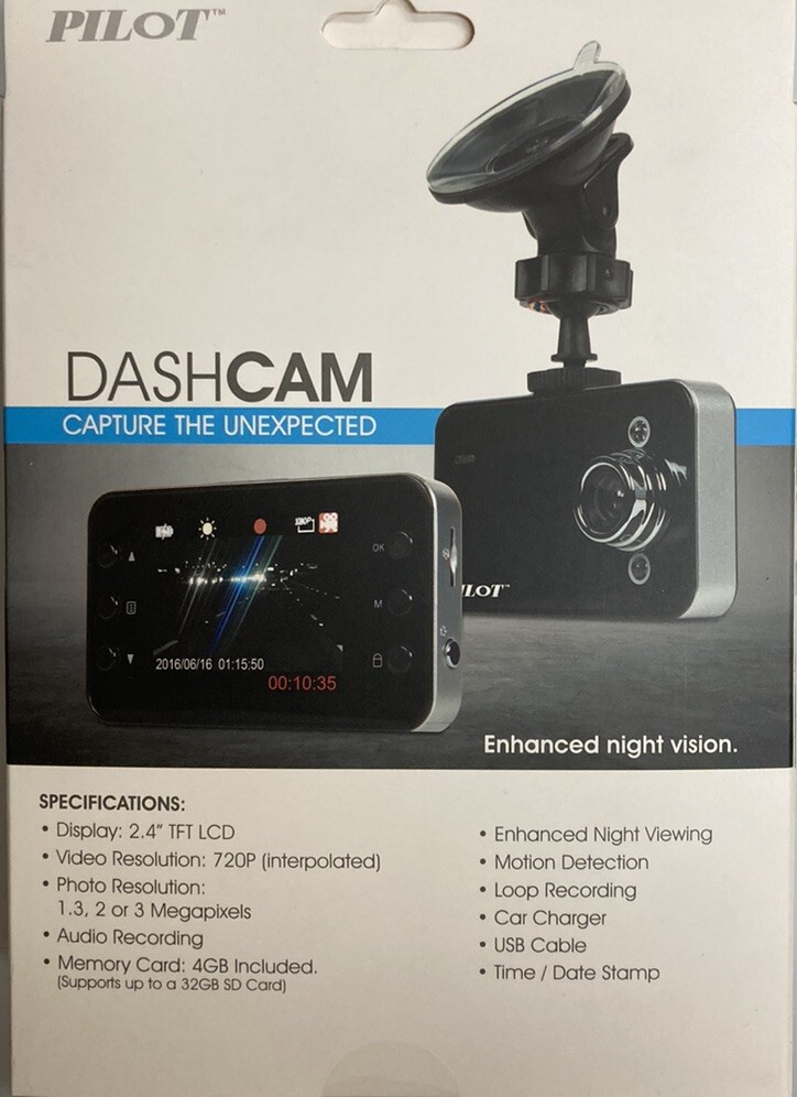 PILOT Plug Play 720P Resolution Video Audio 4GB Micro SD Card Rotating Dash Cam