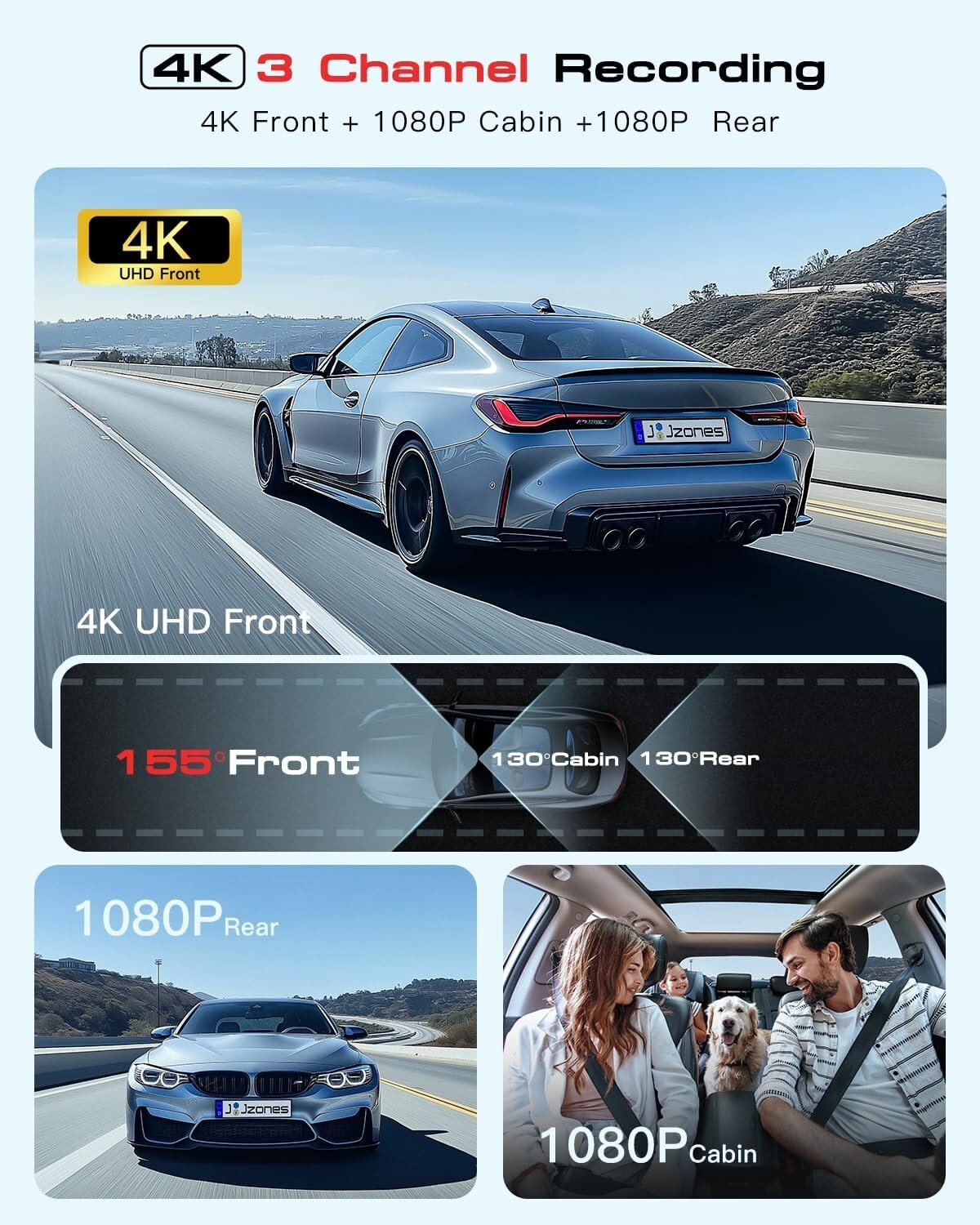 HDR Night Vision 3 Channel 4K Dash Camera with GPS, APP, 64GB Card