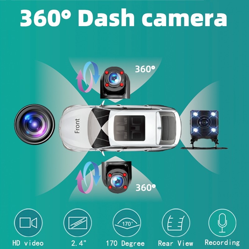 360° 4 Channel 1080P Car Dash Cam Front Rear Left Right Camera Driving Recorder