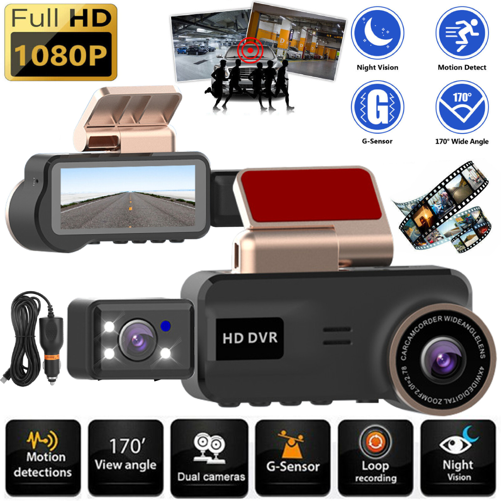 Dual Lens Car DVR Dash Cam Video Recorder Front/Inside Camera G-Sensor HD 1080P