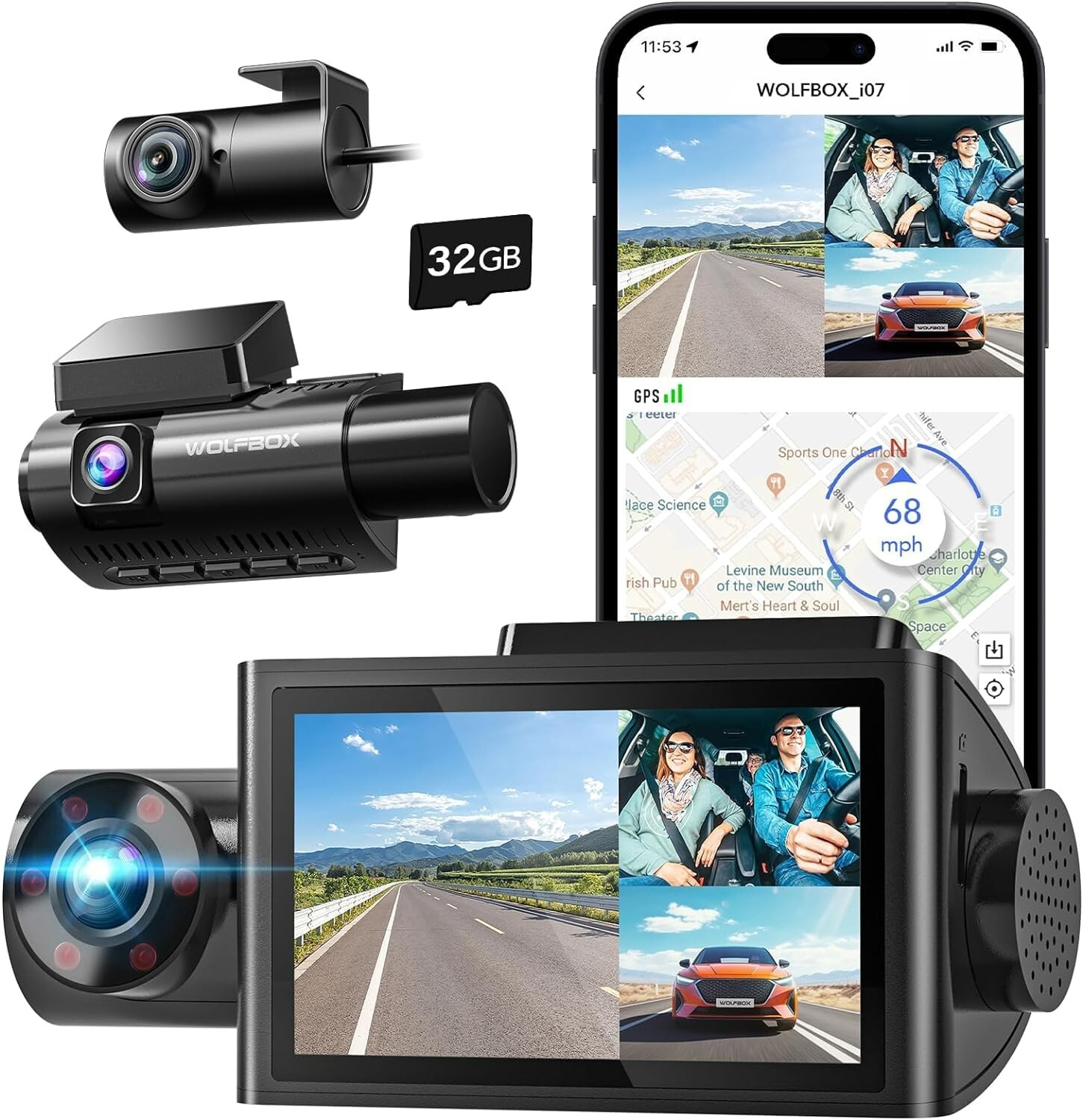 Crystal 3 Channel Dash Cam – 4K+1080P Front and Inside – WiFi GPS – Night Vision