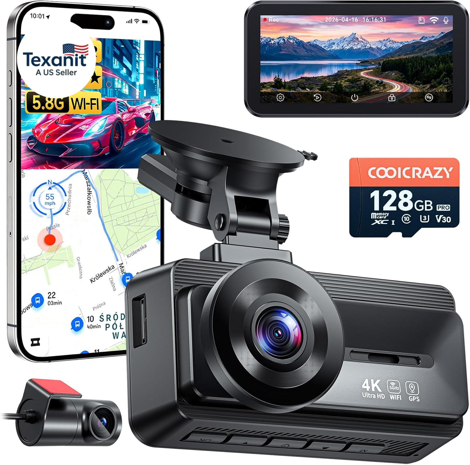 4K Dash Cam Front and Rear, STARVIS Sensor, Free 128GB Card Included, 5Ghz Wifi-