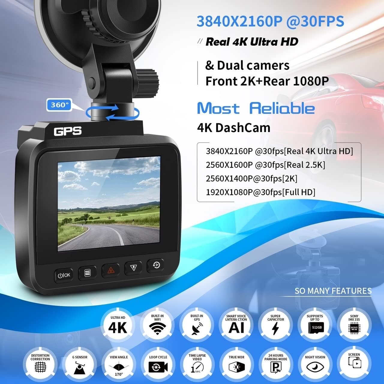 4K UHD Dash Camera Front Dash Cam Sony Lens 64GB Card GPS WiFi Connection N