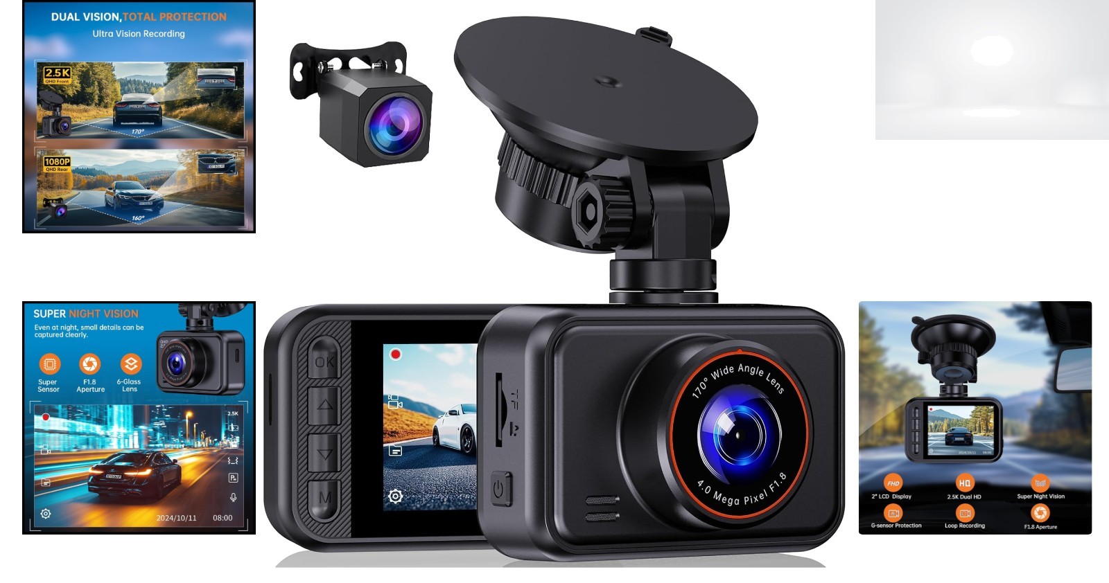 2.5K Dual Dash Cam Front Rear 2560P 170° Wide Angle Night Vision Parking Monitor