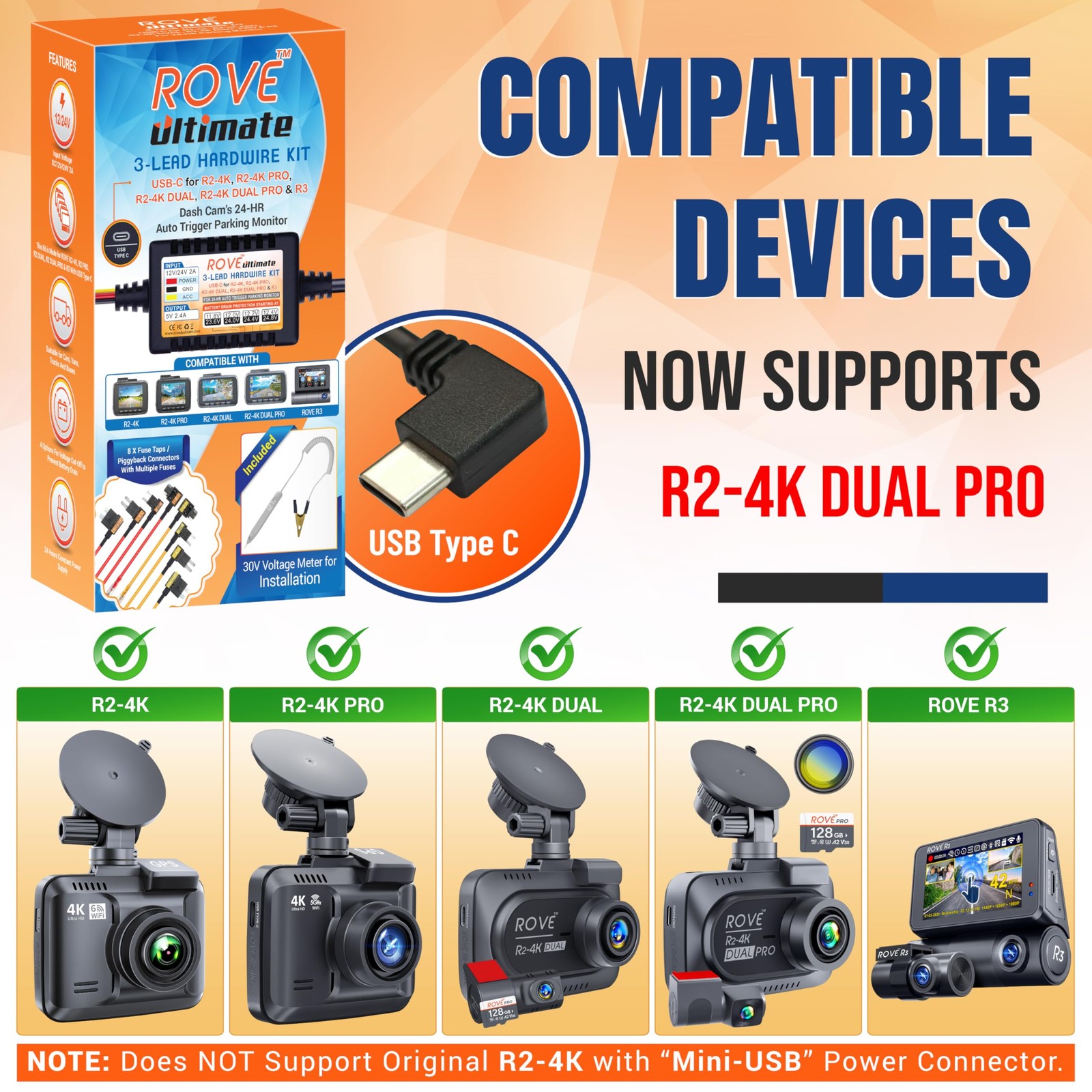 ROVE Ultimate Dash Cam Hardwire Kit with USB C Port for R2-4K R2-4K PRO R2-4K