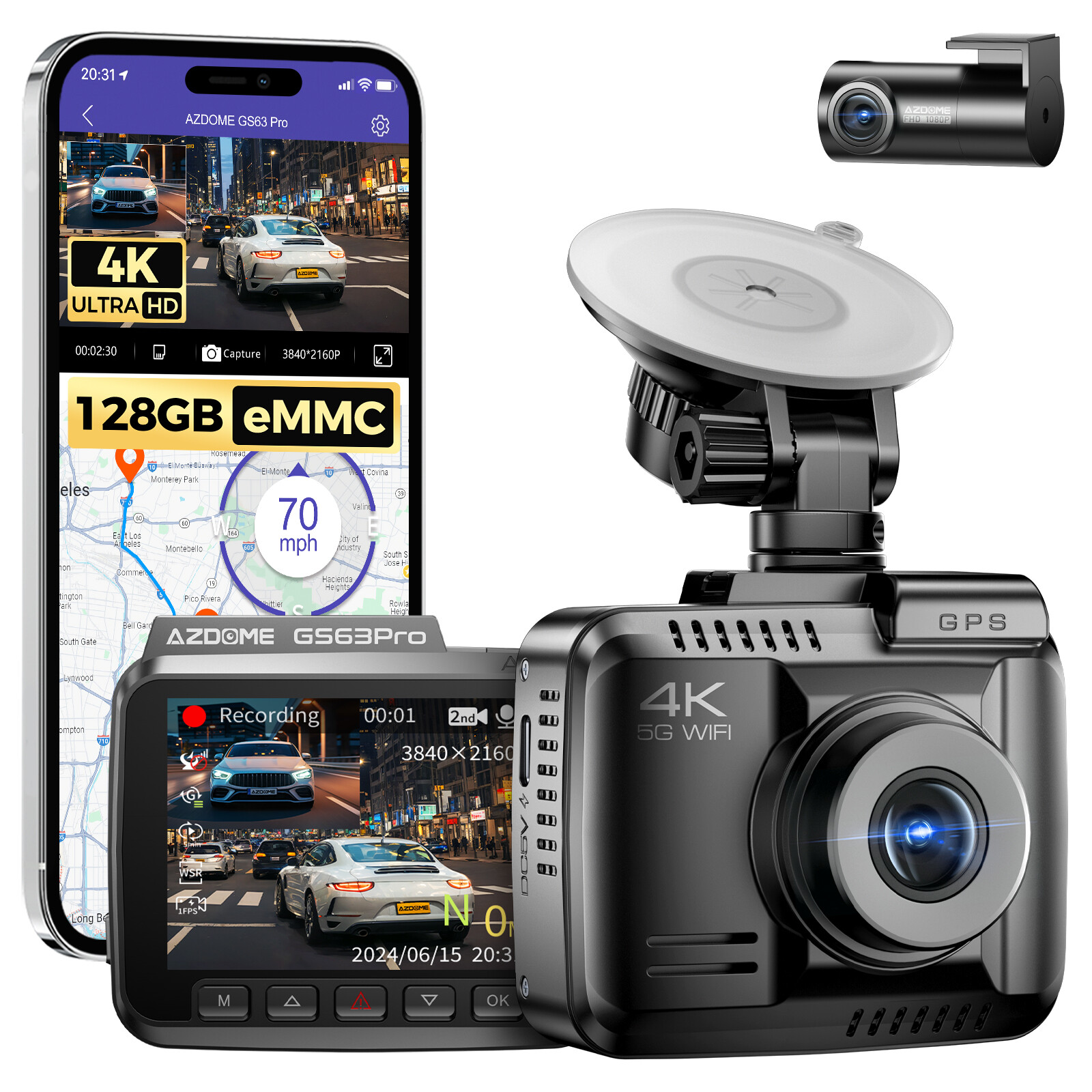 AZDOME 4K+1080P 2 Lens Dash Cam 5GWiFi GPS ADAS Parking Monitor G-sensor GS63Pro