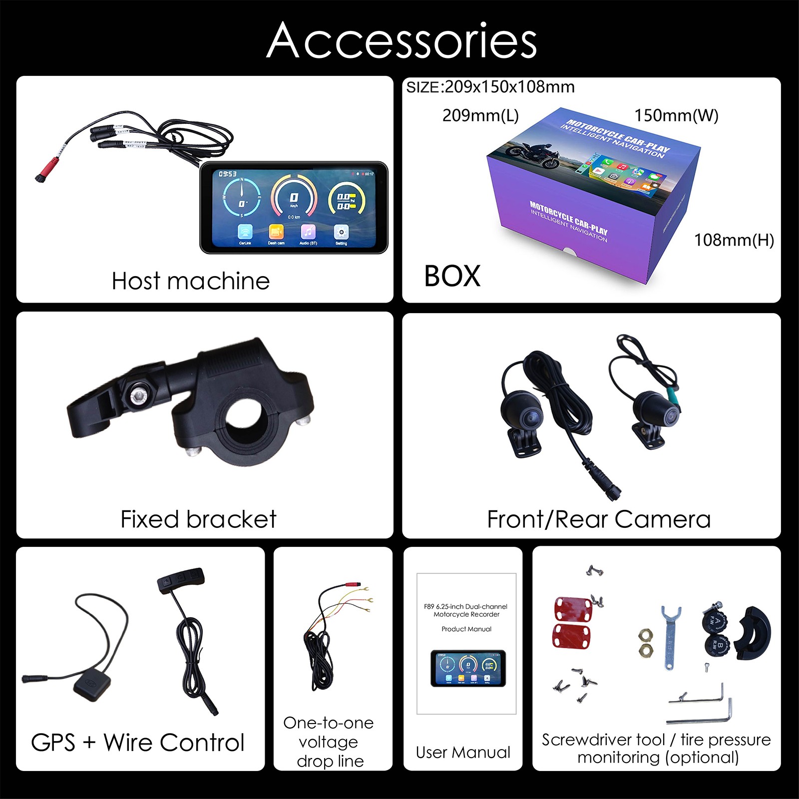 6.25″ Touch Screen Motorcycle GPS Navigator Wireless CarPlay with Camera &TPMS