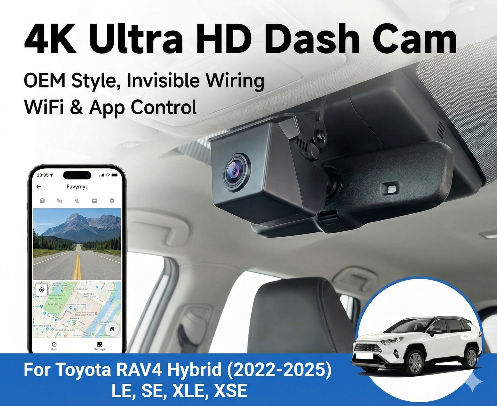 OEM-Style 4K Ultra HD Dash Cam for 2022-2025 Toyota RAV4 Hybrid (Model B)​