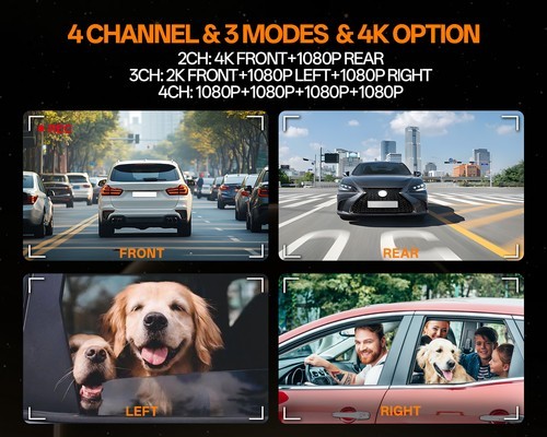 Dash Cam 4 Channel 360°Front&Rear Inside Night Vision FHD 1080P Car Camera 128GB