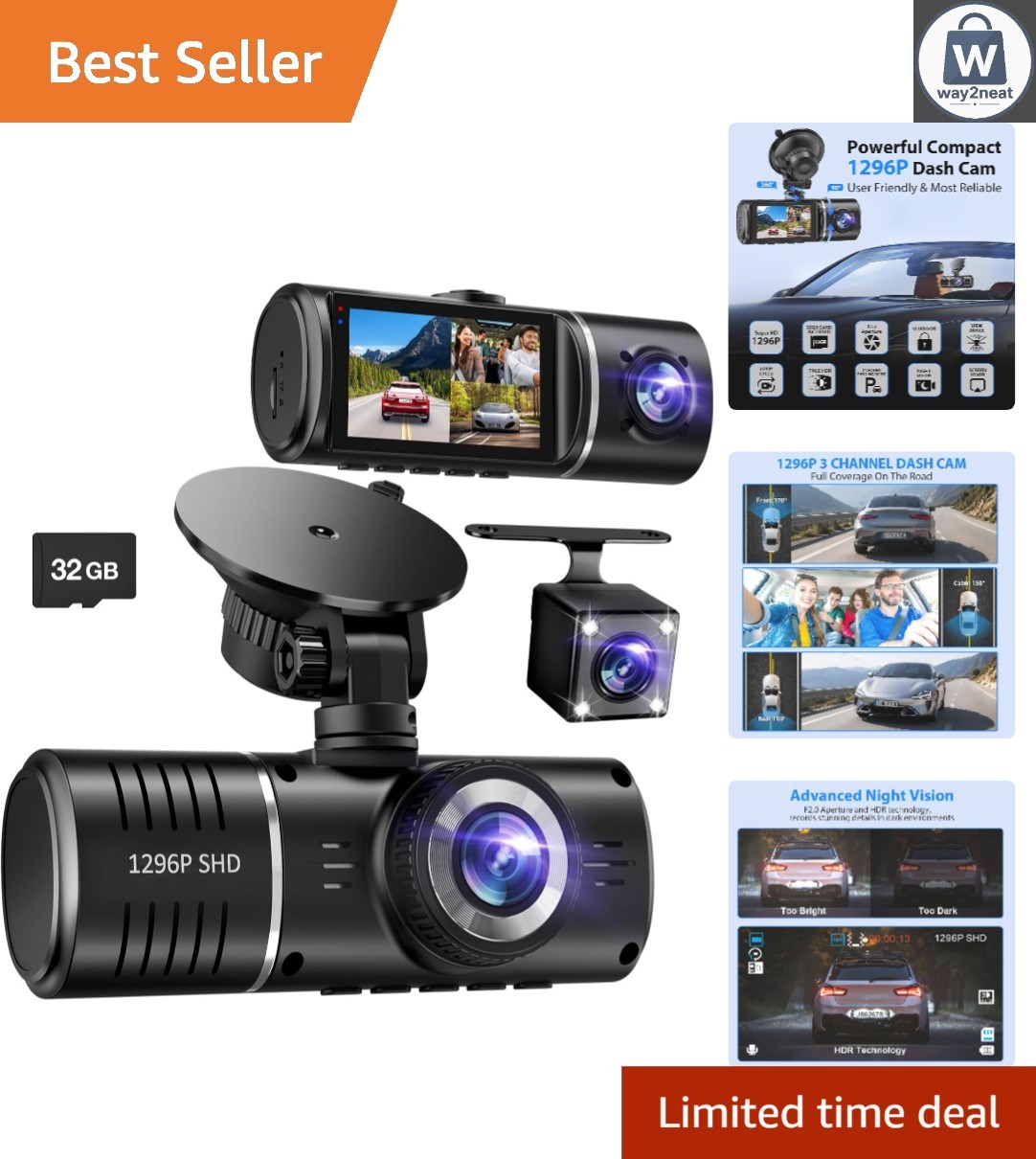 Comprehensive 1296P Dash Camera for Front, Rear & Inside, 32GB Card Included