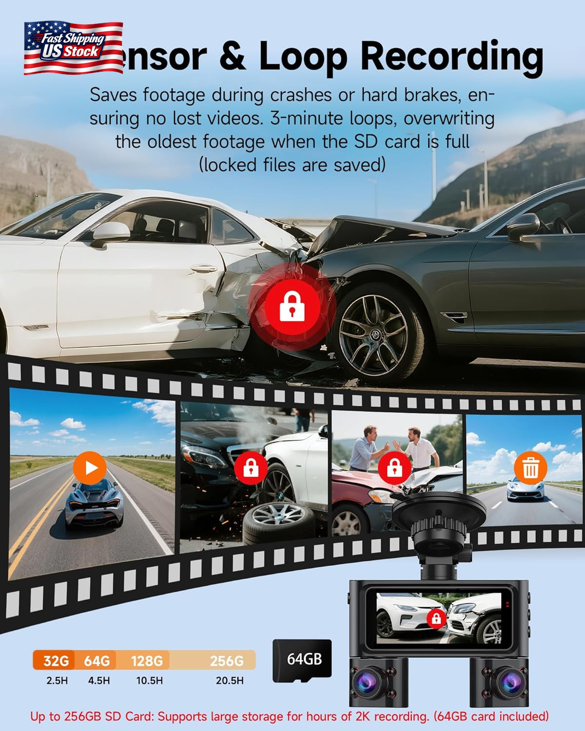 HUPEJOS 360° View Dash Cam Front and Rear Inside, 4 Channel Camera for Cars | 3.