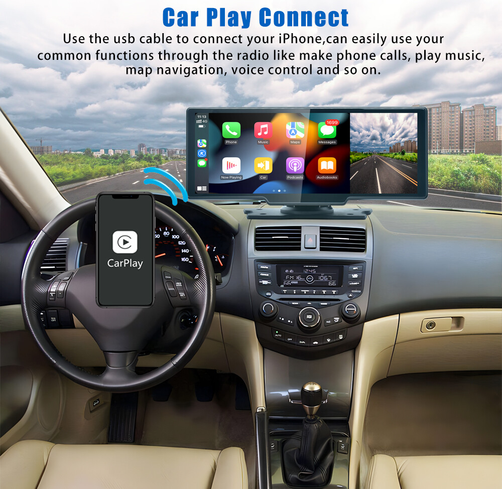10.26 Inch Touch Screen Car Dash Cam Wireless For Apple CarPlay Radio Multimedia