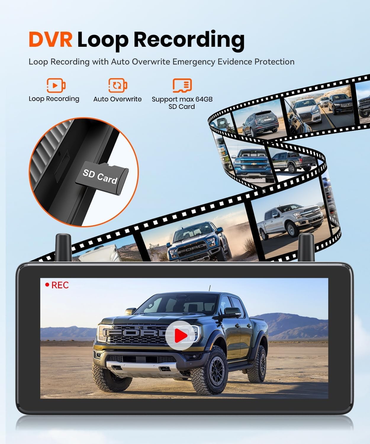 AUTO-VOX 7.2″ DVR Solar Wireless Backup Camera 1080P Monitor for Van SUV Truck