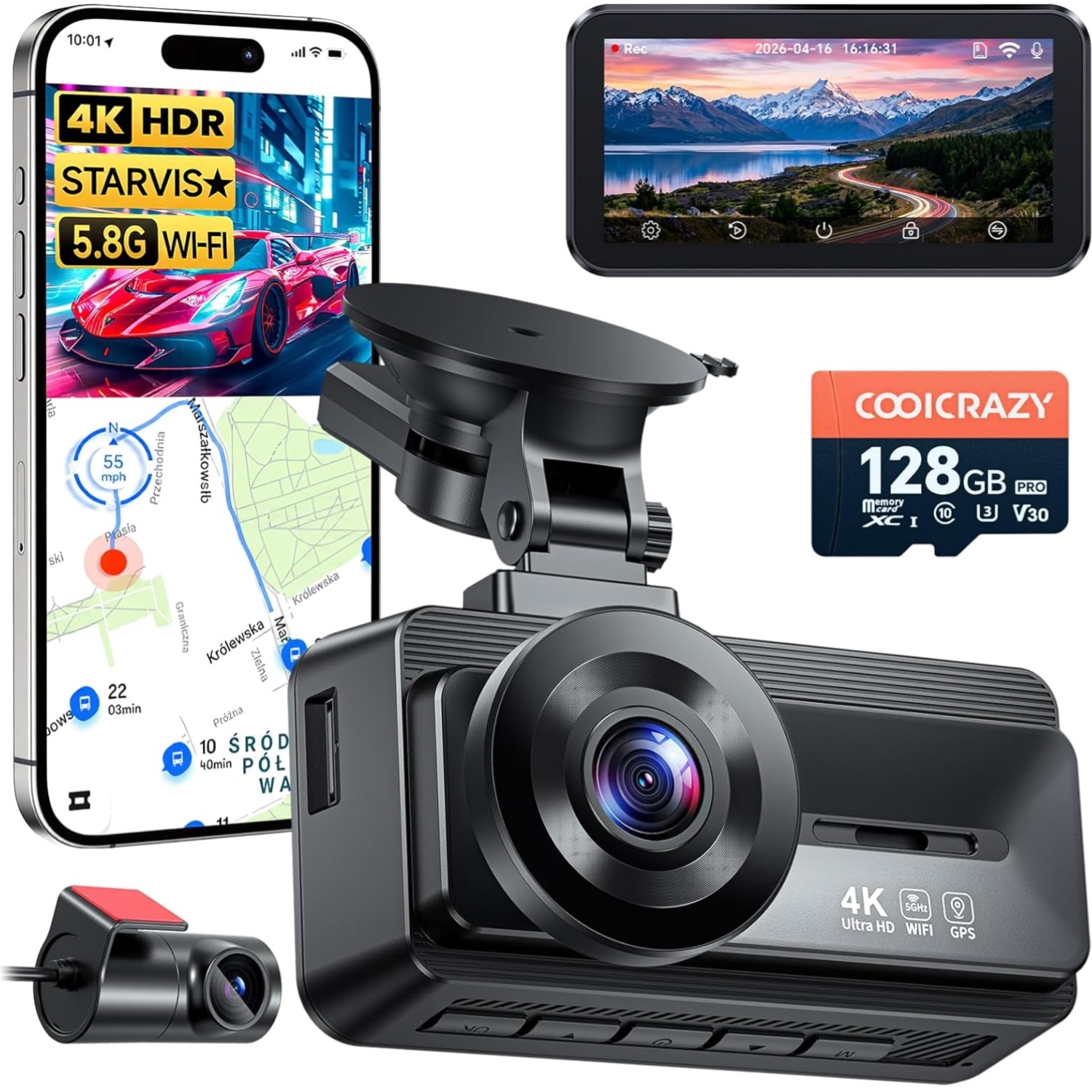 4K Front & Rear Dash Camera with 5GHz WiFi & Night Vision, Fast 128GB Storage