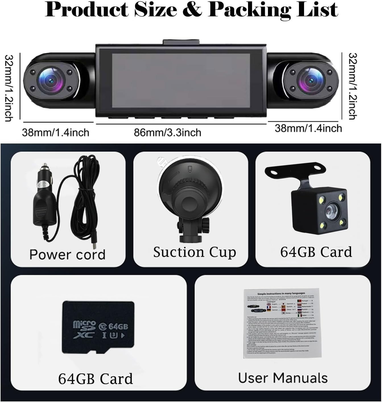 4 Channel 360° Dash Cam 1080P Front Rear Inside Night Vision G-Sensor 64GB