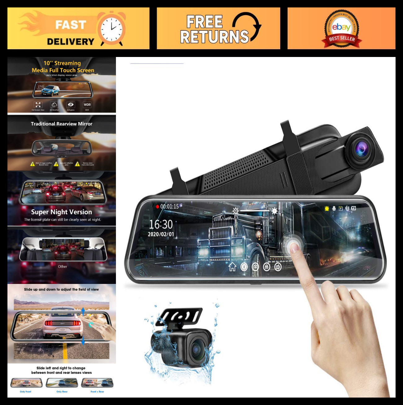 10″ Mirror Dash Cam Front & Rear, 1080P FHD, Night Vision, Touchscreen, 170° Ang