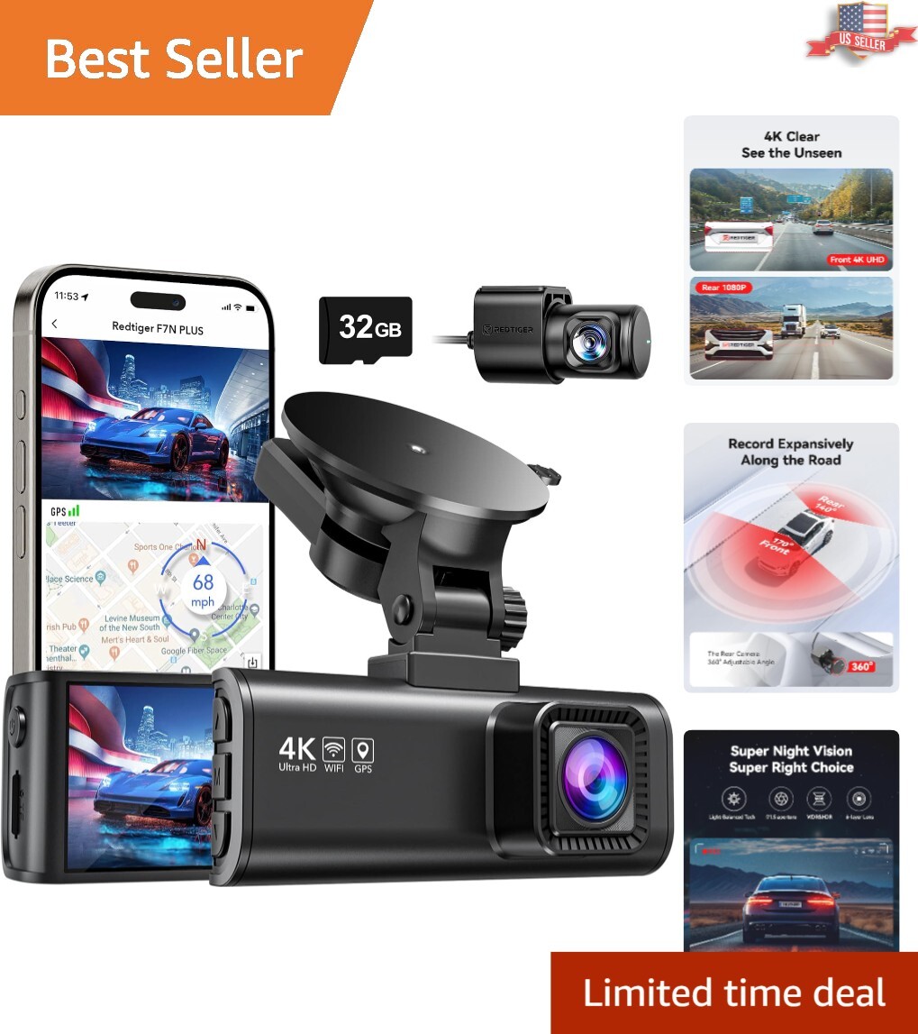 High Definition 4K/2.5K Dash Cam – Dual Front & Rear Recording with Night Vision