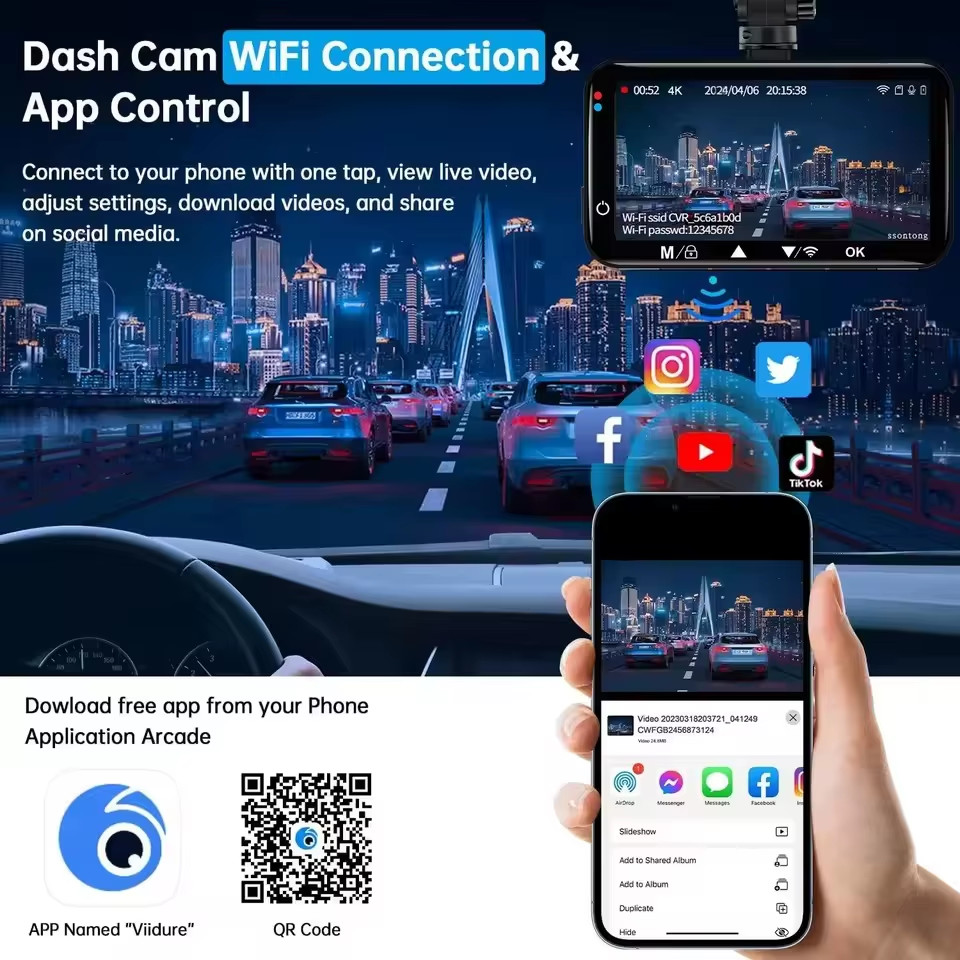 Dashcam 4K Wifi Car Recording Camera DVR Video Recorder Black Box Front and Rear