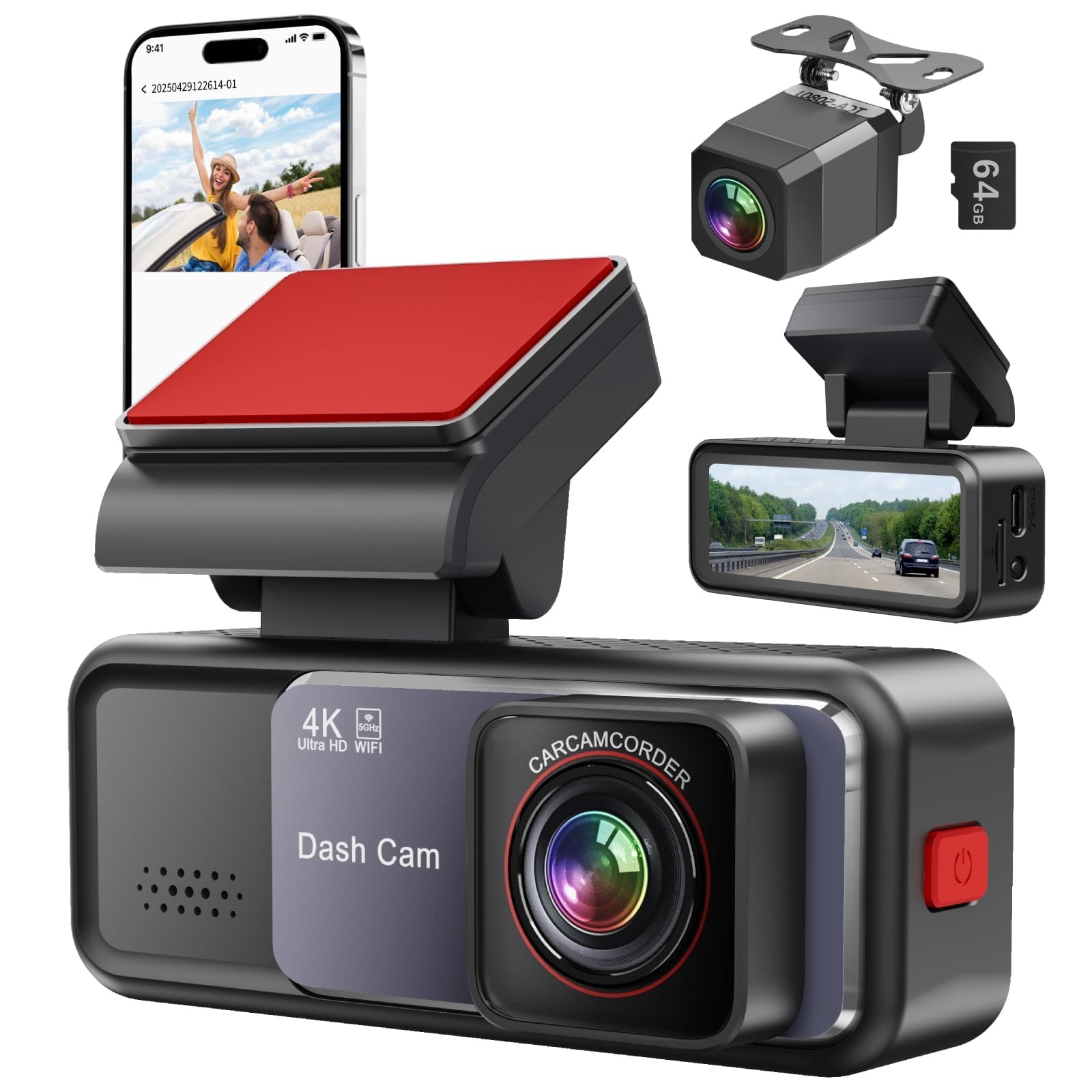 4K+2K Dash Cam Front and Rear, Free 64GB Card Included, 5.8GHz WiFi Dash Came…