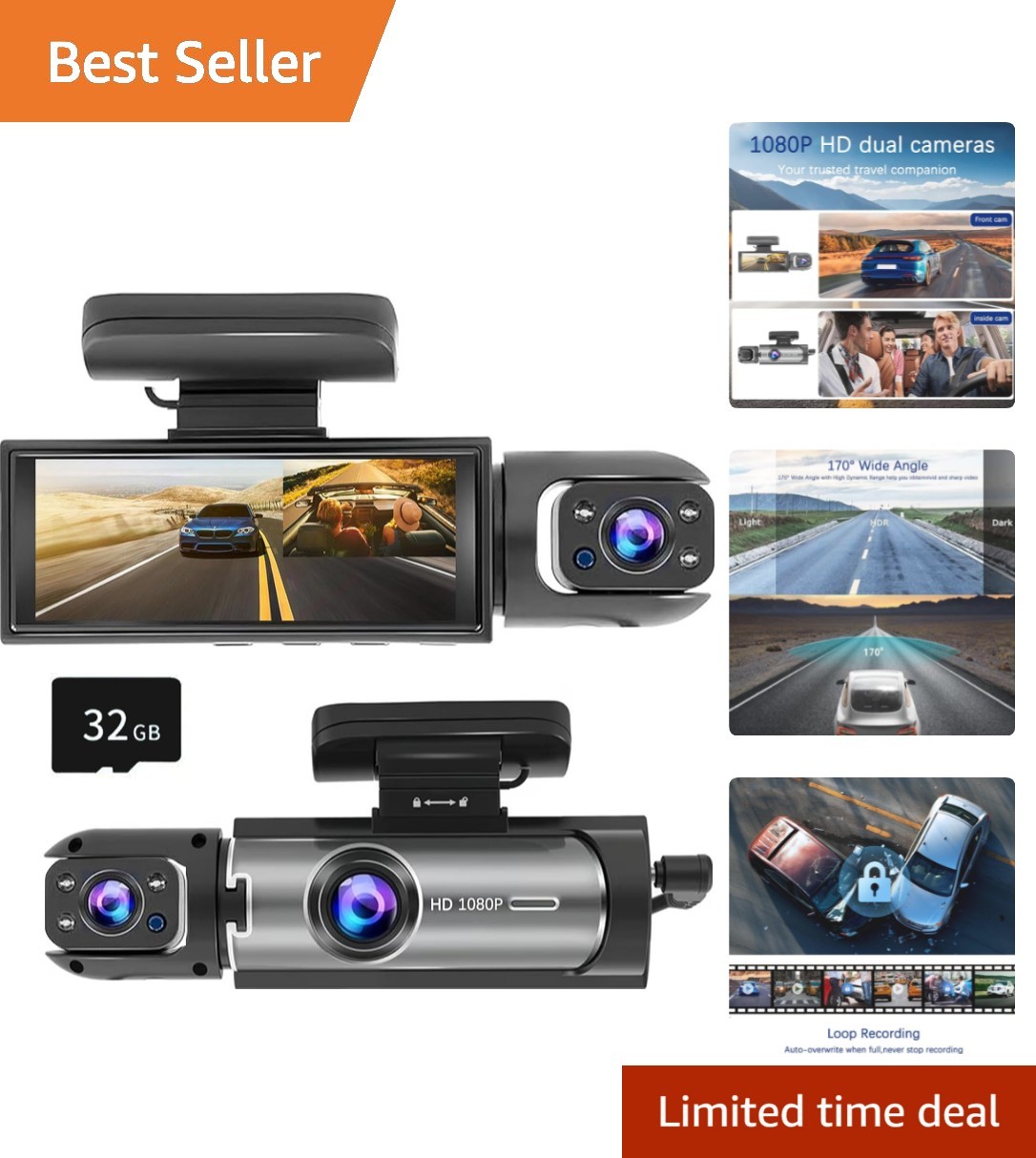 3.16” IPS Screen Dual Dash Camera with Night Vision & Continuous Loop Recording