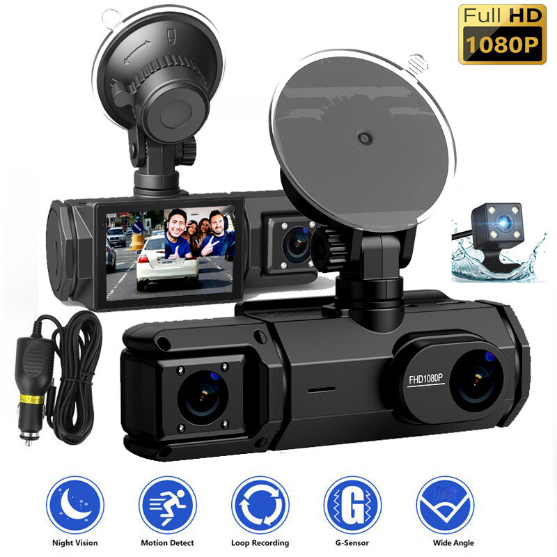 1080P 3-Channel Dash Cam Front, Rear, Interior, with Reversing Camera, Car DVR