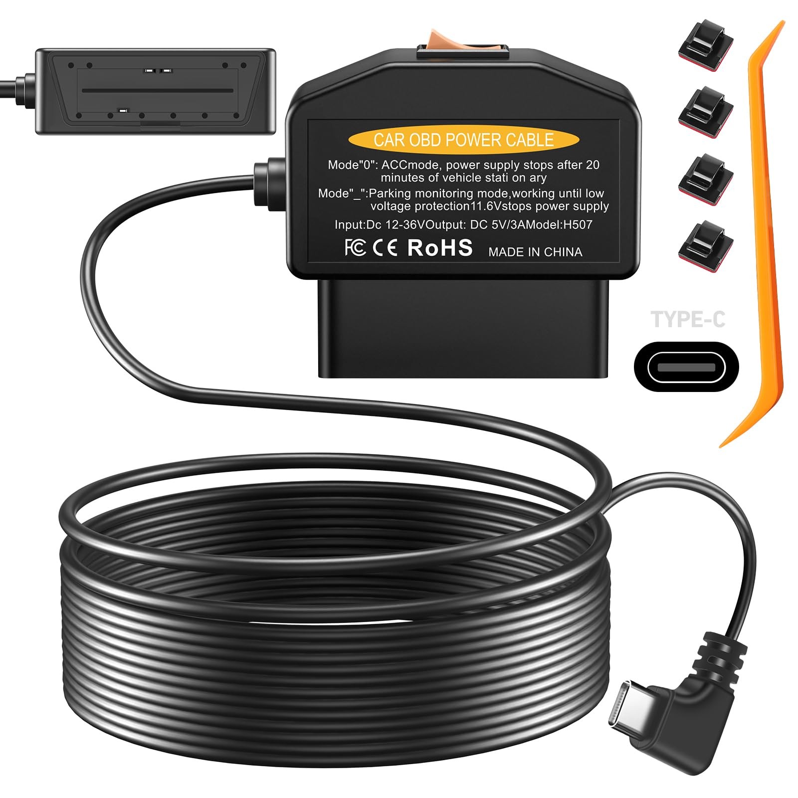 OBD2 OBD Power Cable for Dash Camera, OBD to Type-C USB OBDII Adapter Hardwir…