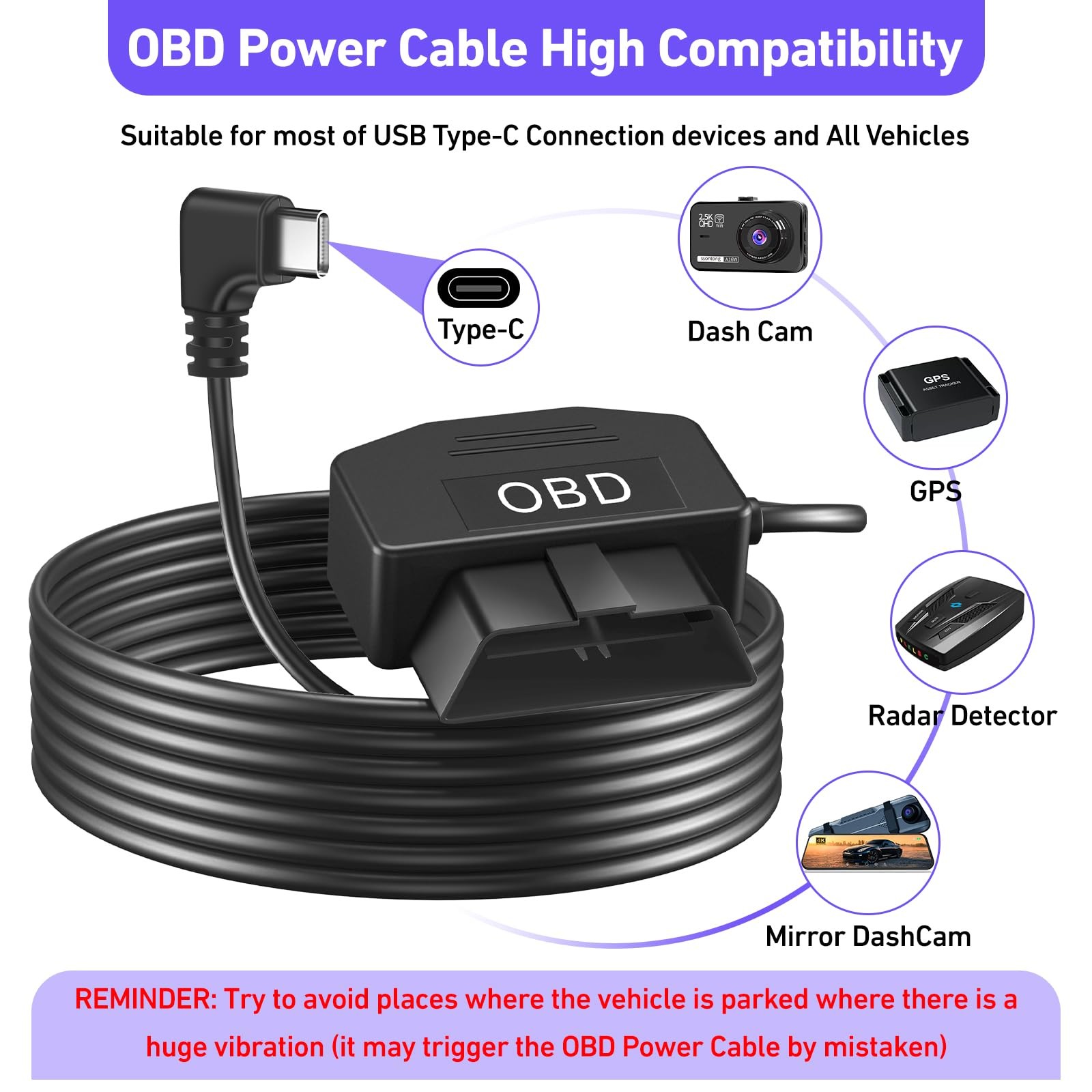 OBD2 OBD Power Cable for Dash Camera, OBD to Type-C USB OBDII Adapter Hardwir…