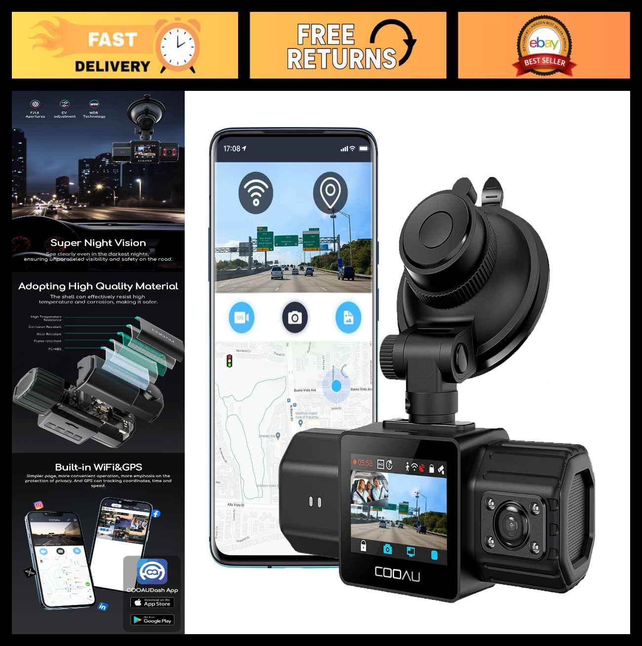 Dual Dash Cam 2.5K + 1080P, Front & Inside Camera, GPS, Wi-Fi, Night Vision, 24H