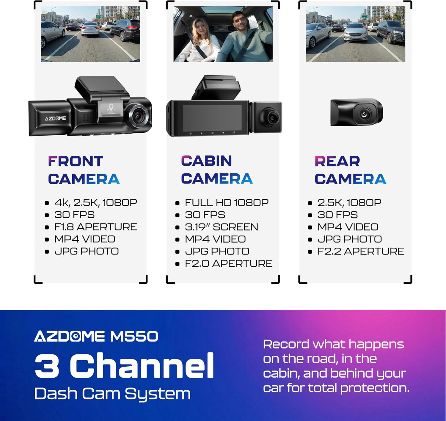 M550 3CH Dash Cam 4K – 3.19″ Screen IR Night Vision – 24H Parking Mode – 3-Chann