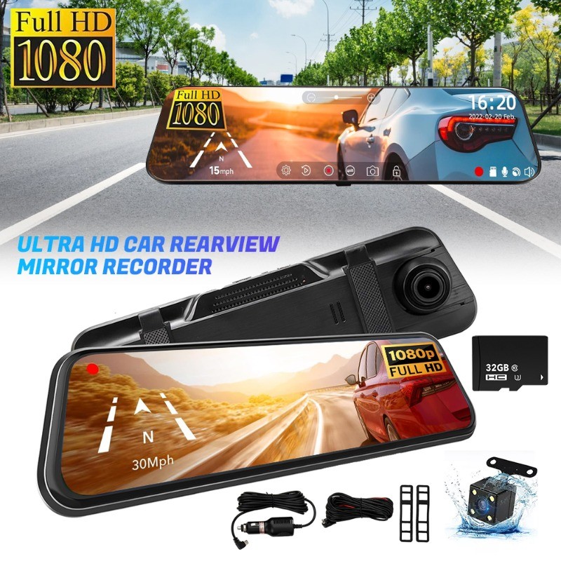 4K 10″ Dual Dash Cam Car Rear Mirror View Backup Dual Camera Night Vision IPS US