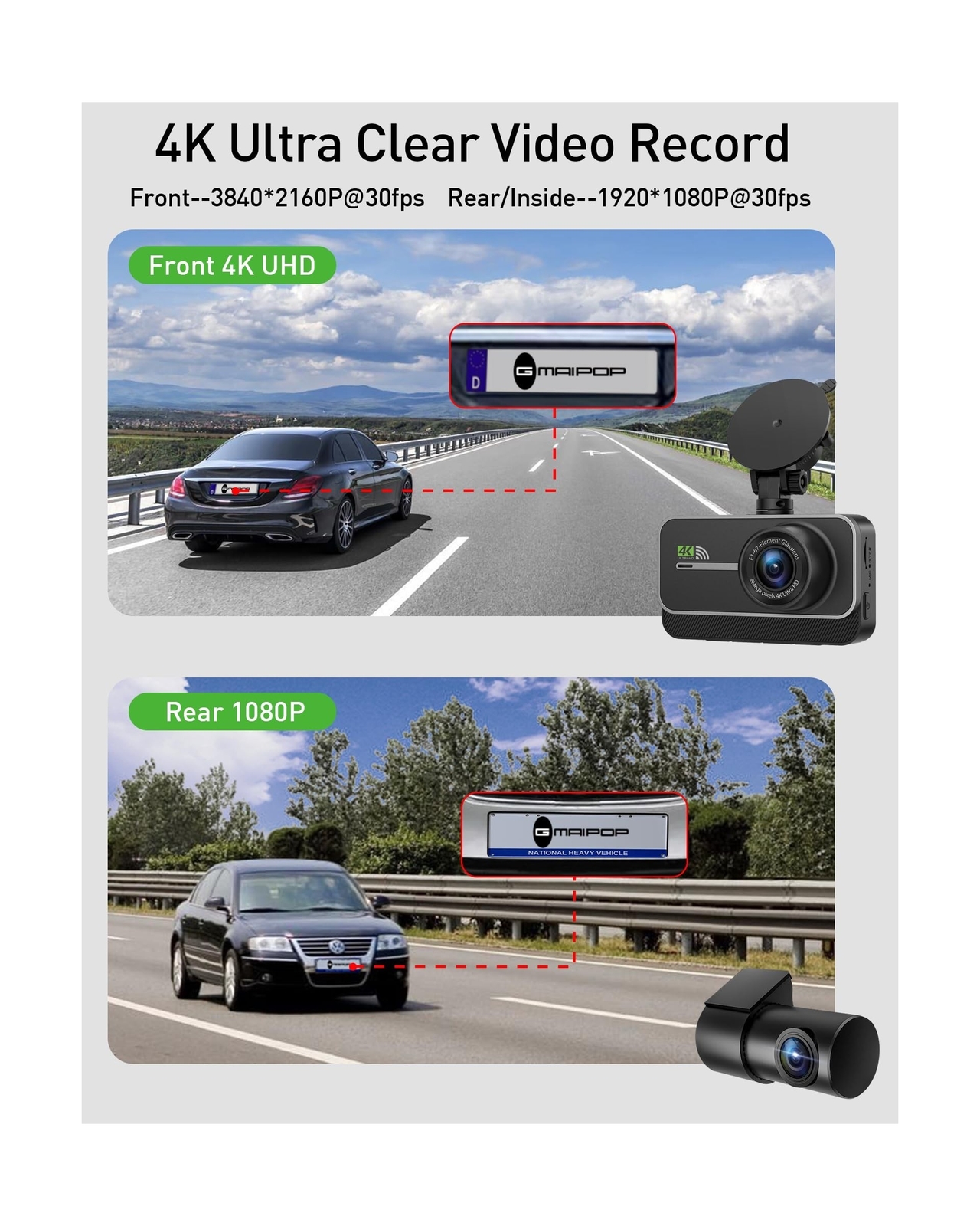 Dash Cam Front and Rear,4K+1080P WiFi Dual Dash Camera for Cars with App, 3″ …