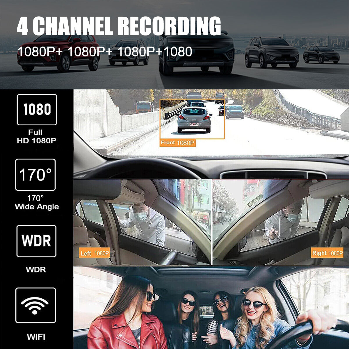 4 Channel WiFi Dash Cam 1080P Driving Recorder Car Front+Rear Camera G-Sensor US