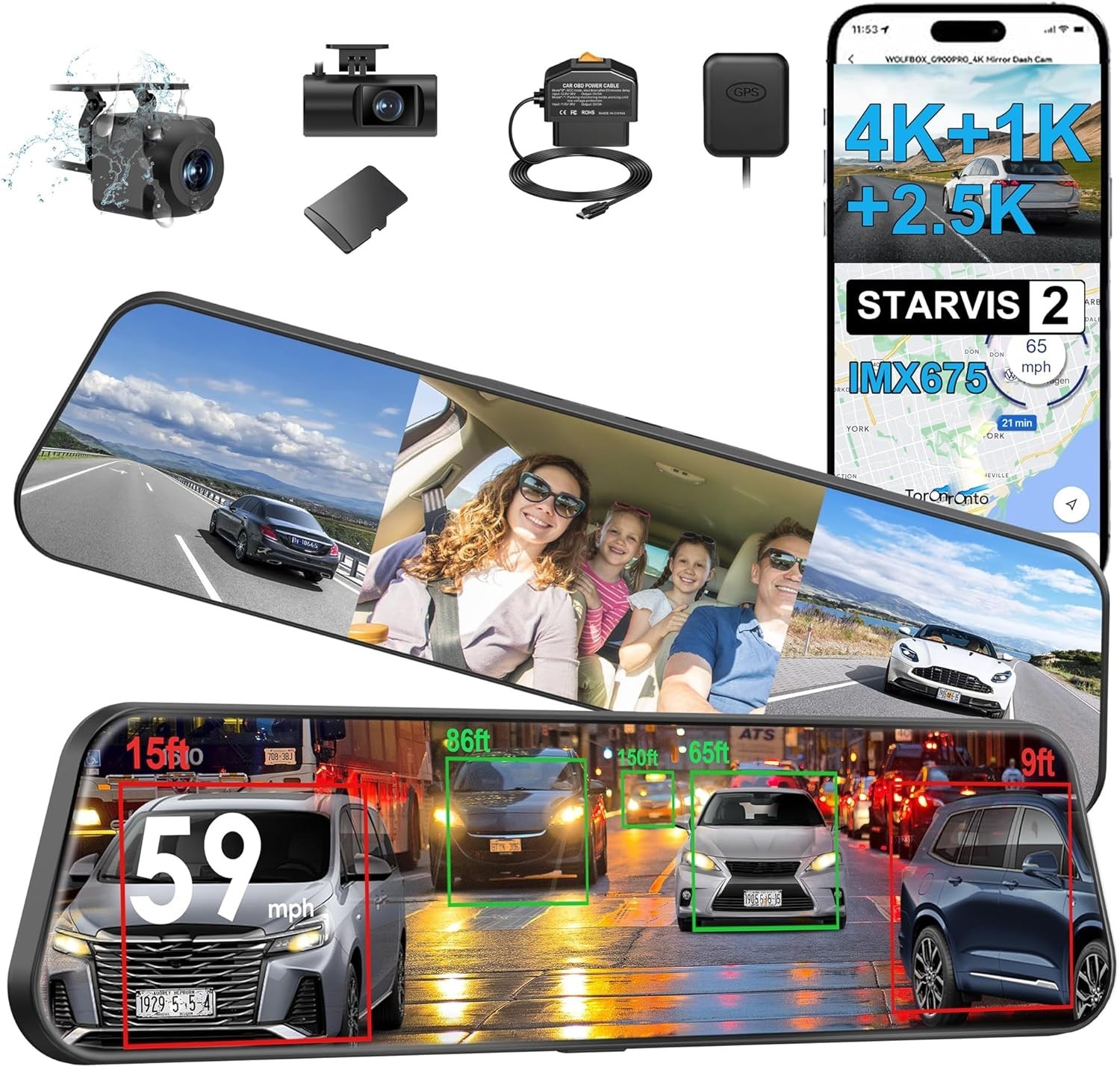 12” 3 Channel 4K Mirror Dash Cam IMX675 Night Vision Dash Camera, BSD