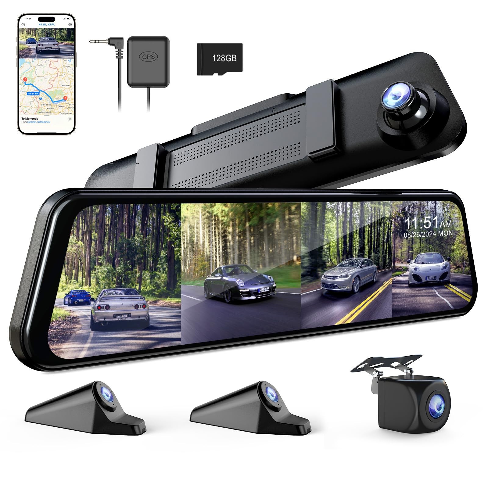 360 Degree View 4 Channel Mirror Dash Cam Detached Camera for Cars，Dash Cam F…