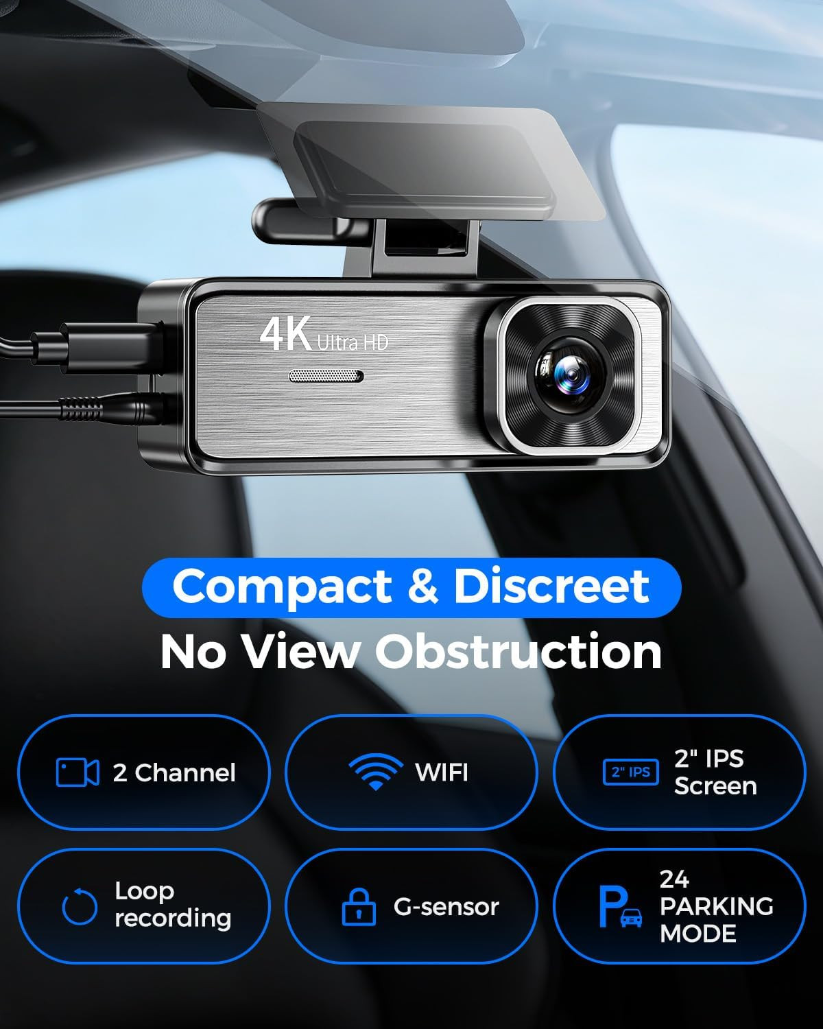 4K Dash Cam Front and Rear,4K+1080P Dual Dash Camera for Cars, 2.4G Wifi, 2” IPS