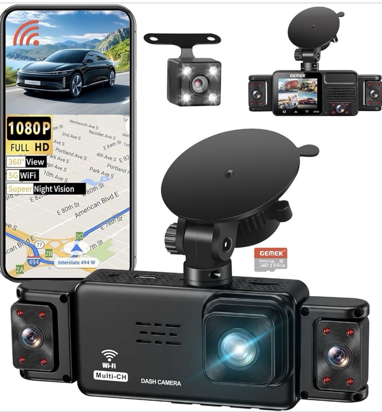 GEMEK Dash Cam 360° 3 Channel Front Rear Side 1080P WiFi Night Vision New