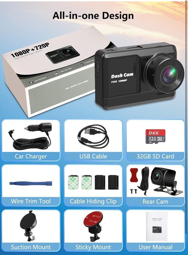 Dash Camera 1080P + 720P With Backup Camera