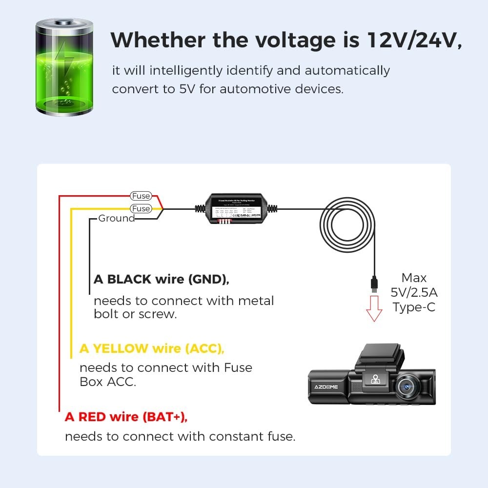 3-Lead Hardwire Kit Type-C USB for Dash Cam, 12ft with Fuse, 24H Parking Mode, 5