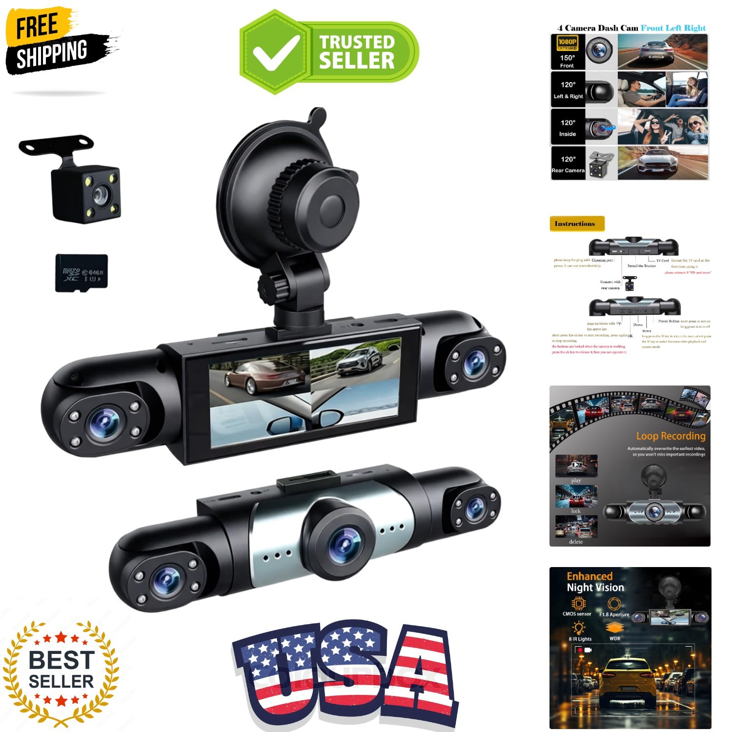 360° Full View Dash Cam Front and Rear Inside, 4 Channel Dashcam 1080P Full H…