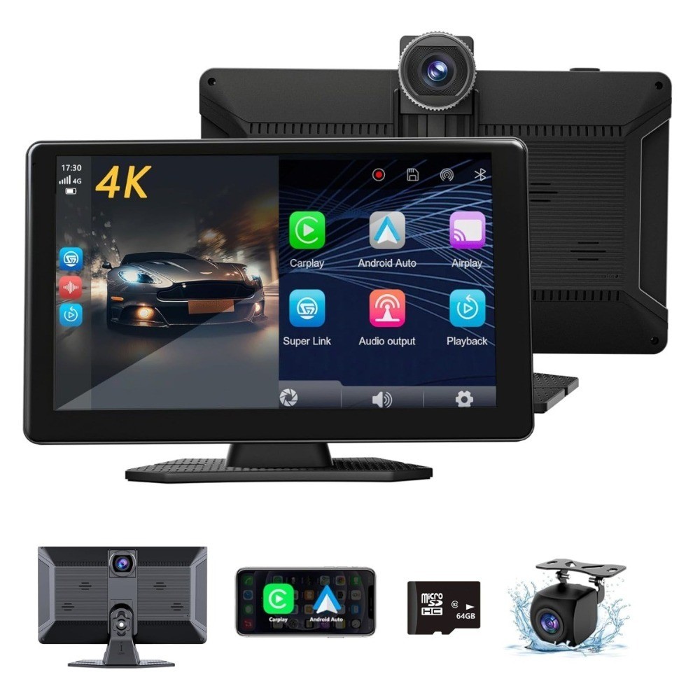 9″ Touch Screen Carplay Android Auto 4K Dash Cam with 1080P Backup Camera DVR