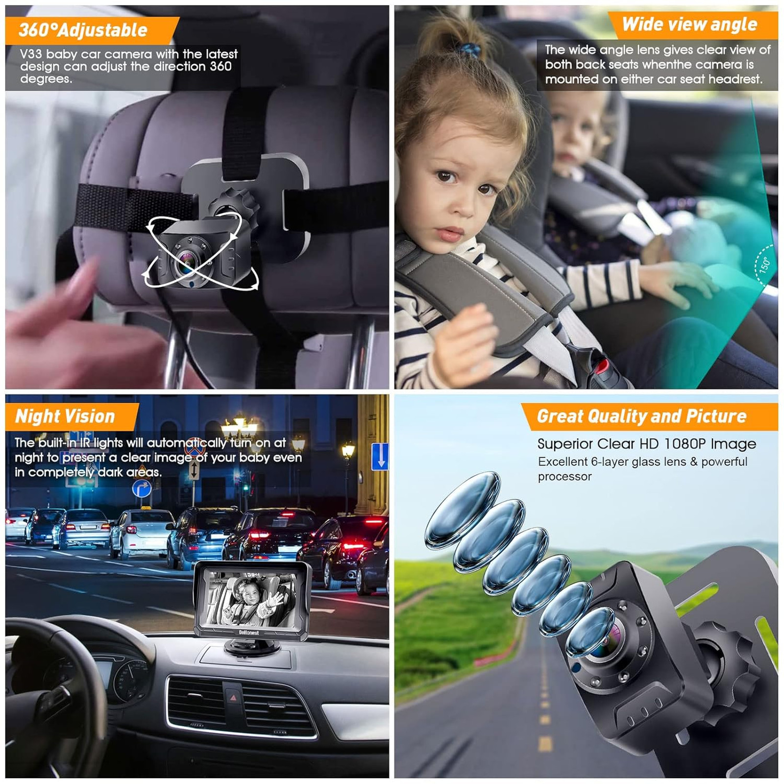 Baby Car Camera HD 1080P – Rear-Facing Car Baby Monitor with Night Vision