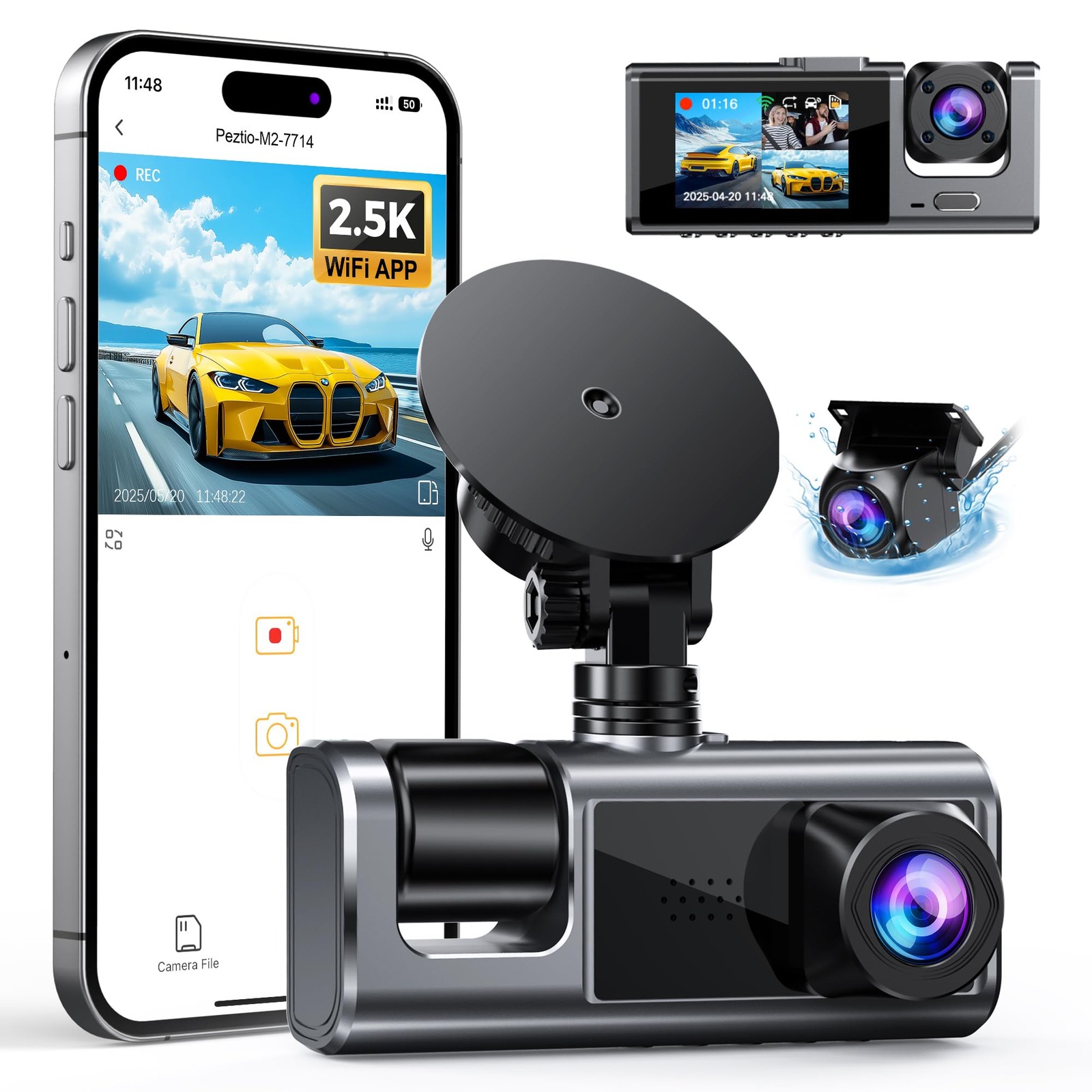 Galphi 3 Channel WiFi Dash Cam Front and Rear Inside, 2.5K+1080P+1080P Car Da…