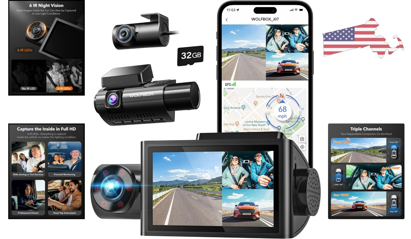 Crystal 3 Channel Dash Cam – 4K+1080P Front and Inside – WiFi GPS – Night Vision