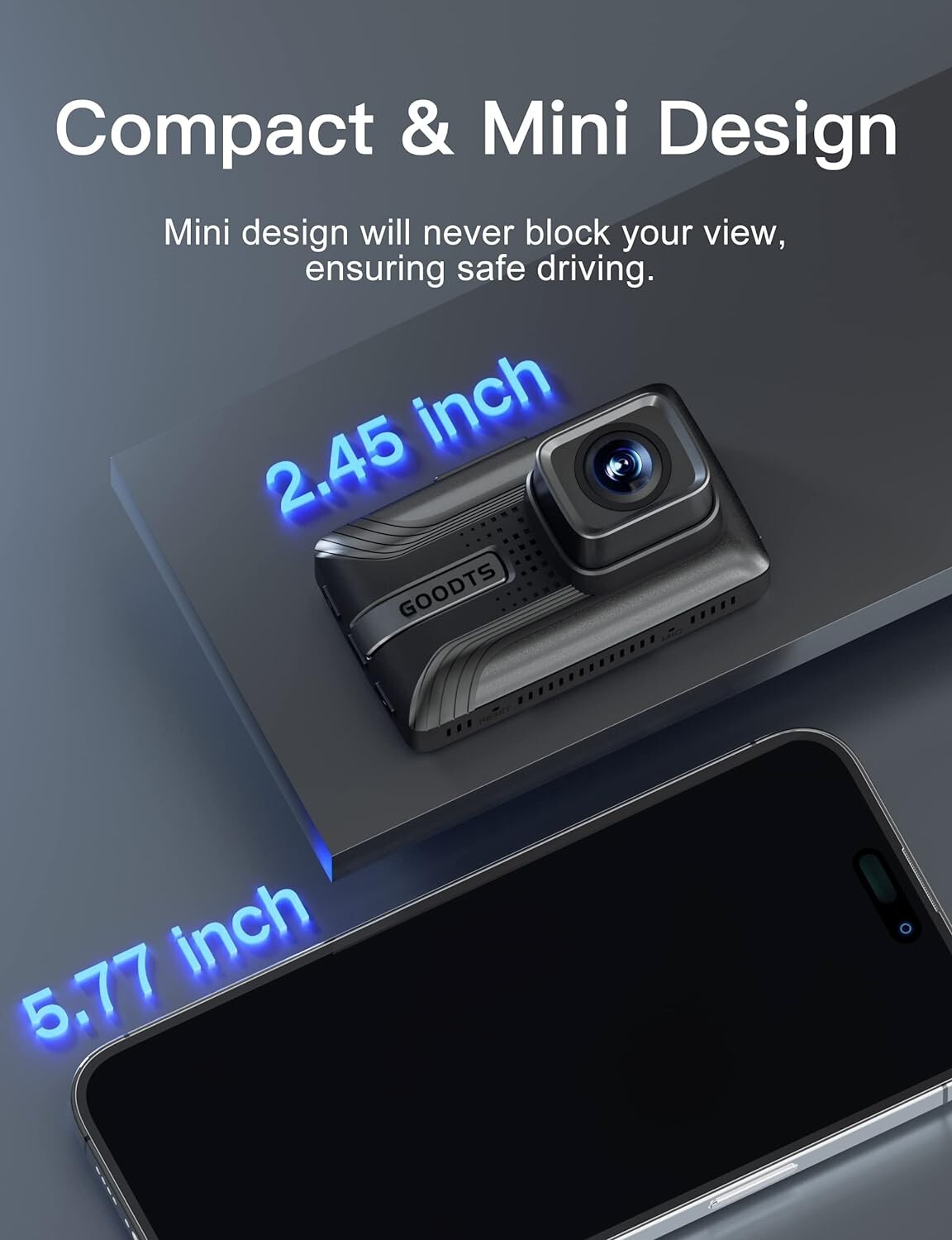 2K Dash Cam Front 1440P, GOODTS Car Camera with 2.45” IPS Screen, Mini Dash SD