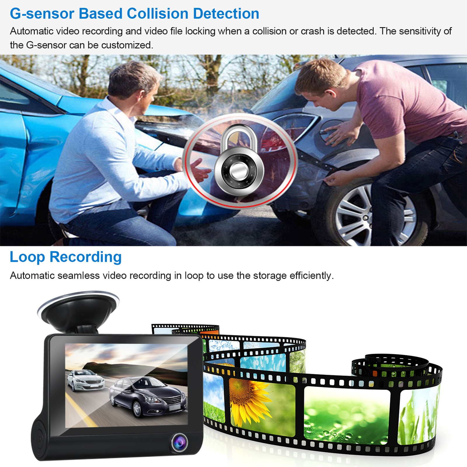 1080P Full Dash Cam With 4 Inch IPS Screen Front And Rear Dual Dash E3Z5